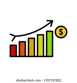 Icono de crecimiento del dinero, marketing de progreso, ilustración vectorial sobre fondo blanco.Icono de gráfico. símbolo de barra de gráficos para el diseño de su sitio Web