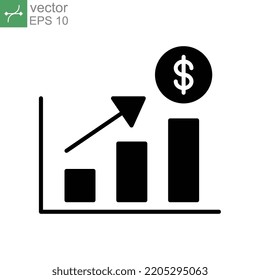 icono de aumento del crecimiento monetario. Diagrama de marketing de progreso. Análisis de ganancia. Informe salarial. pictograma simple de línea delgada, estilo de trazo. Ilustración vectorial. Diseño en fondo blanco. EPS10