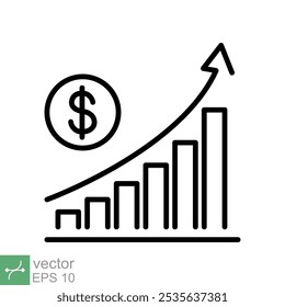 Aumente el icono de crecimiento monetario. Estilo de contorno simple. Progreso de marketing, venta, gráfico, beneficio, económico, concepto de negocio. Línea de Ilustración vectorial aislada sobre fondo blanco. EPS 10.