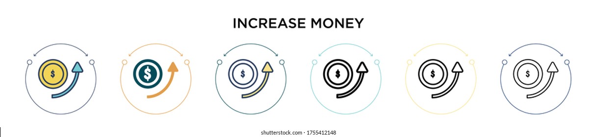 Increase money icon in filled, thin line, outline and stroke style. Vector illustration of two colored and black increase money vector icons designs can be used for mobile, ui, web