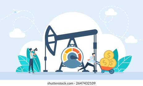 Aumentar a capacidade de produção de petróleo. Bomba de óleo. Tecnologia de extração, Mercado de gás, Inovação na perfuração de poços, Tecnologia de produção de petróleo, Homem correndo com carrinhos de dinheiro. Ilustração vetorial