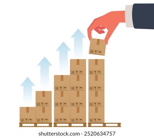 Aumente las ventas en línea, el creciente negocio de comercio electrónico, recibiendo más pedidos de productos del concepto de Clientes, empresario construyendo una pila más alta de cajas de paquetes