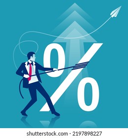 Increase percent. Interest rate, tax, and VAT. Growth profit. Businessman raises up the profit. Investment profit and dividend. Vector illustration flat design. Isolated on white background.