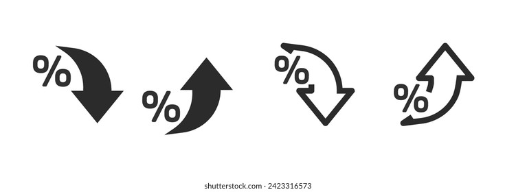 Incrementar el icono de flecha de porcentaje hacia arriba, disminuir el coste de precio porcentaje de flujo de línea vector contorno recorrido arte simple pictograma conjunto de elementos, crecimiento caída interés invertir cliparte de imagen