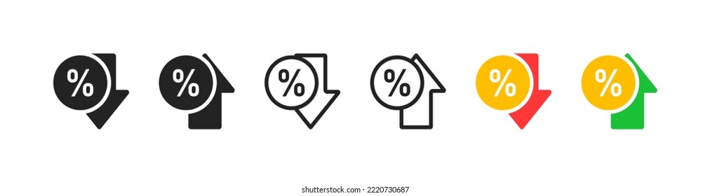 Increase Percentage Icon On White Background. Inflation And Devaluation Concept. Percentage, Arrow, Coin, Growth, Infographic Falling Signs. Banking, Business Symbol. Flat Design. Vector Illustration.