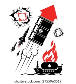 Increase in the price per barrel oil. Rise in fuel prices. Fuel crisis as a result of iran war. Vector on transparent background