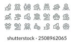 Increase productivity, manufacturing analyse, capacity process, efficient grow premium icons pack. line signs arrow up, gears and people. Vector icons set for web and app in outline editable stroke.