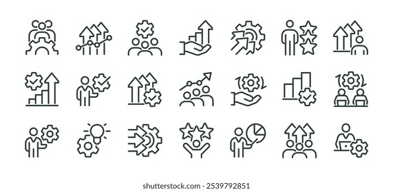 Aumente la productividad, analice la fabricación, procese la capacidad, haga crecer eficientemente el paquete de iconos premium. Conjunto de iconos vectoriales para Web y App en trazo editable de contorno.