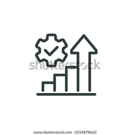 Increase productivity, manufacturing analyse, capacity process, efficient grow outline icon. Line sign graph, gear and arrow. Vector isolated pictograms for web on white background editable stroke.