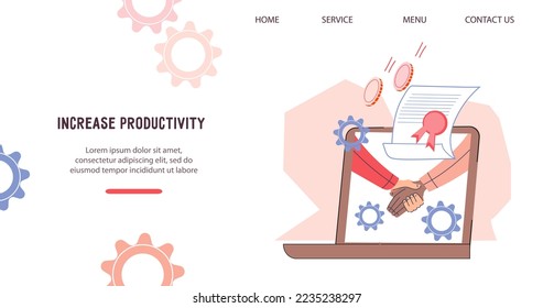 Increase productivity and partnership website banner template, flat vector illustration isolated on white. Online business deal and negotiation success. Webpage or landing page interface.