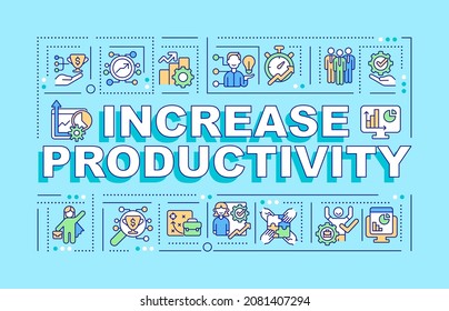 Aumentar el cartel de conceptos de palabras de productividad. Rendimiento del empleado. Infografía con iconos lineales sobre fondo azul. Tipografía creativa aislada. Ilustración de color del contorno del vector con texto