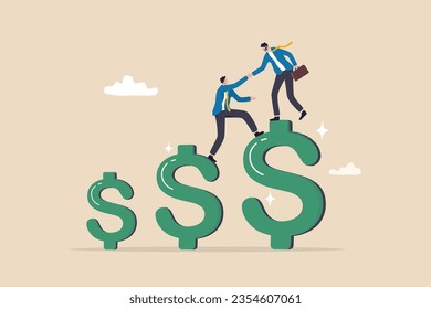 Increase profit, financial advisor help increase earning, income or revenue, growing wealth, profit growth or funding support, improvement or challenge concept, businessman help climb up dollar sign.