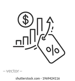 increase profit and growth sale, icon, reduce cost, offer special discount, thin line symbol on white background - editable stroke vector eps10