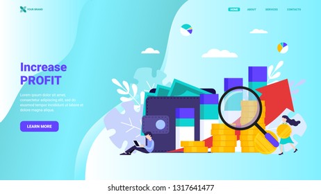 Increase profit landing page template. Investment solutions, profit, business success flat illustration concept for site, banner, hero image. Modern vector illustration with characters