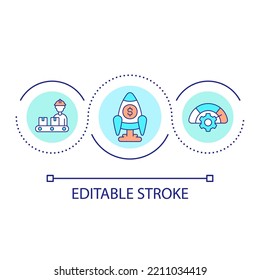 Increase profit from manufacture loop concept icon. Produce more goods. Boost income payments abstract idea thin line illustration. Isolated outline drawing. Editable stroke. Arial font used