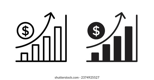 increase profit margin growth icon set. increase money vector symbol. price rise chart sign in black and white color