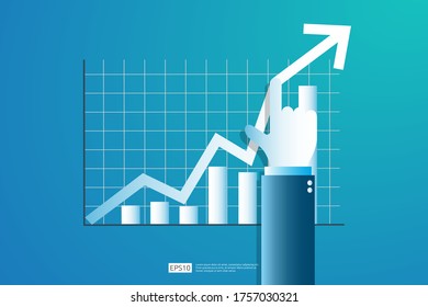 Increase profit sales diagram. Hand with business chart growth in flat style design. increasing graph investment revenue with line arrow and businessman hand vector illustration concept to success