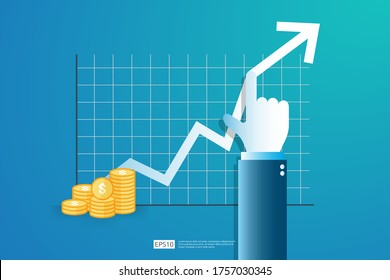 Increase profit sales diagram. Hand with business chart growth in flat style design. increasing graph investment revenue with line arrow and businessman hand vector illustration concept to success