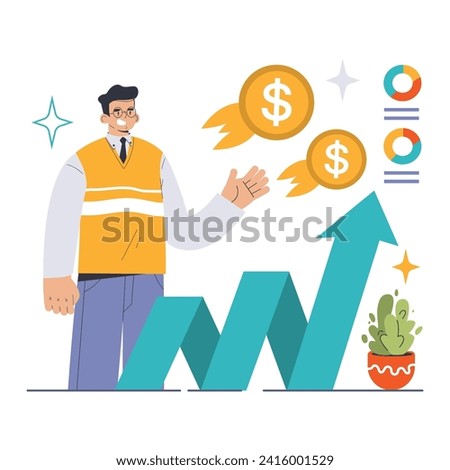 Increase in Profitability concept. Businessman presenting growth trend with floating coins and upward arrow, indicating financial success and revenue boost. Achieving business goals. Flat vector