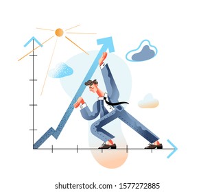 Increase profitability flat vector illustration. Income enhancing, revenue augmenting metaphor. Businessman raising arrow up cartoon character. Finance, business strategy, company growth concept