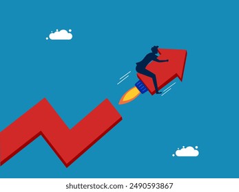 Increase profits. businessman rides a fast arrowhead on a rocket 