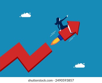 Increase profits. businesswoman rides a fast arrowhead on a rocket 