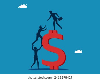 Increase profits, financial advisor. Businessman helping colleague climb up the dollar sign 