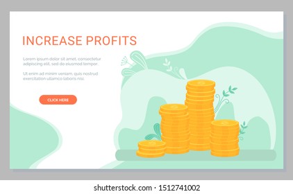 Increase in profits vector, golden coins pile, and foliage decoration. Accumulation and investment, capital gaining and earning of money. Website or webpage template, landing page flat style