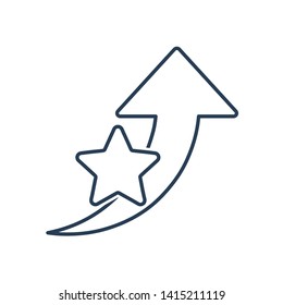 Increase rating, relevance., vector line  icon star, arrow pointer . White background.