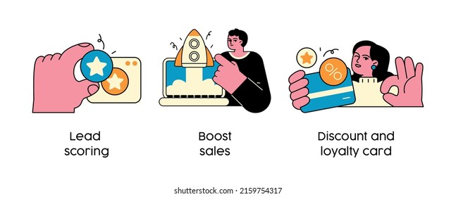 Increase Retail Sales Marketing Strategy - Set Of Business Concept Illustrations. Lead Scoring, Boost Sales, Discount And Loyalty Program. Visual Stories Collection.