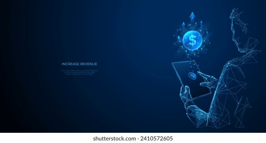 Increase revenue. Abstract businessmen touch on a coin icon on a tablet screen. Technology innovation in finance. Growth profit or save money concepts. Stock market. Low poly vector illustration.