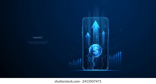 Increase Revenue. Business and finance concept. 3D money in light blue futuristic style on phone screen and growth graph chart. Digital technology background. Low poly wireframe vector illustration. 