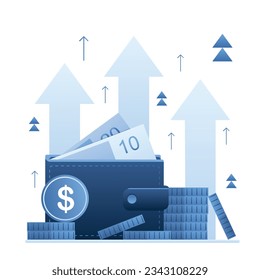 Aumentar el contexto conceptual de ingresos. Cartera llena de dinero. Alto tipo de interés. Crecientes cotizaciones, aumento de capital, cartera de inversiones, beneficios presupuestarios, crecimiento de fondos financieros. Ilustración vectorial de moda