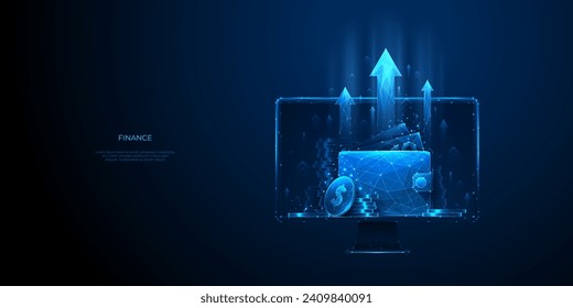 Umsatzkonzept steigern. Geldbeutel mit digitalem Bargeld und Münzen auf Computer-Monitor-Hintergrund. Low Poly Wireframe Light Blue Vektorgrafik. Finanzwachstum und Unternehmen. Polygonaler Vektor