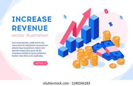 Increase Revenue Design Concept, Flat Isometric Vector Illustration. Bright, Colorful Template For Presentation, Web, Advertisement, Banner.