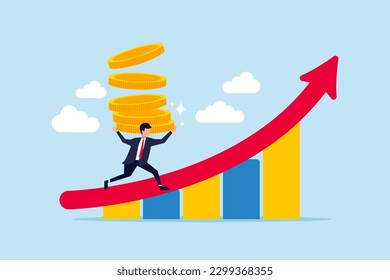 Increase revenue, income or investment profit, growing income or wealth, growth chart diagram or savings and investment return concept, businessman carry money coin stack walk up growth graph diagram.