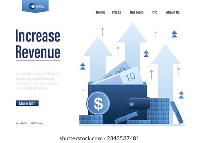 Increase revenue landing page template. Wallet full of money. High interest rate. Growing quotes, raise capital, investment portfolio, budget profit. financial fund growth concept. vector illustration