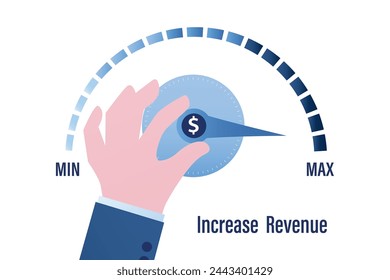 Increase revenue. Money volume increase make profit, finance concept. Boost your income. Hand is pulling to maximum position progress bar with dollar sign. Growing salary. Flat vector illustration