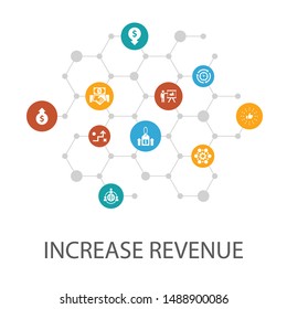 increase revenue presentation template, cover layout and infographics. Raise prices, reduce expenses, best practices, strategy icons