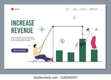 Increase revenue and profit business concept of web page with people raising graphs, cartoon flat vector illustration. Investment management and financial consulting.