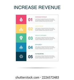 aumento de ingresos, aumento de precios, reducción de gastos, eficiencia, subcontratación de iconos Plantilla de diseño infográfico. Concepto creativo con 5 pasos