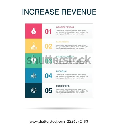 increase revenue, Raise prices, reduce expenses, efficiency, outsourcing icons Infographic design template. Creative concept with 5 steps