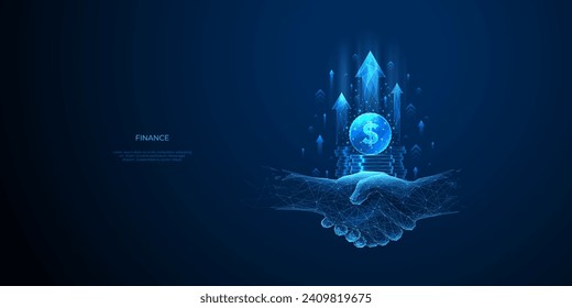 Increase Revenue and Successful Partnership Concepts. Handshake and Coin Stack with Growth Arrow Up on Technology Blue Background in Polygonal Digital Style. Low Poly Wireframe Vector Illustration.