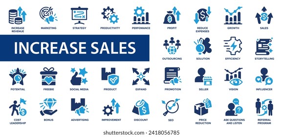 Increase sale flat icons set. Growth profit, strategy, sales, marketing, profit, vision, seo icons and more signs. Flat icon collection.