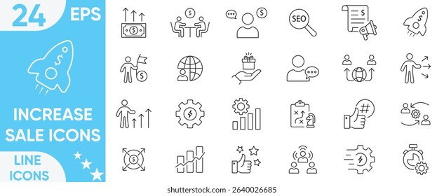 Increase sale icon set. Business successful,monitor, seo, increasing, report, setting, real estate, Growth profit, strategy, sales, marketing, profit and more.Vector and illustrator set.