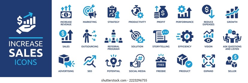 Increase sale icon set. Growth profit symbol. Business successful concept. Solid icon collection. Vector illustration. - Shutterstock ID 2223296755