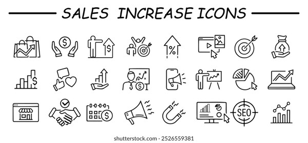 Increase sale icon set. Growth profit symbol. Business successful concept. Line icon collection. Vector illustration.