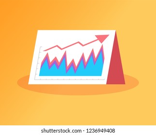 Increase of sales, banner with arrow and raising graphs and charts. Standing paper with statistical information vector in flat style isolated on orange