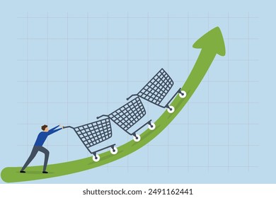 Increase sales, businessman sale manager push role of shopping cart trolley up rising arrow.