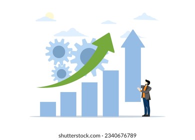 increase sales concept, promote your business with small people. business management. businessman holding growth chart, increasing sales and profit, company web page metaphor. flat vector illustration